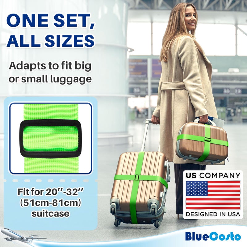 BlueCosto Luggage Straps for Suitcases - TSA Approved - Neon Green, 4 PK - Premium Nylon Belts for Suitcase, Briefcase & Travel Bag - Adjustable Strap Length 46" - 78" - Image 3